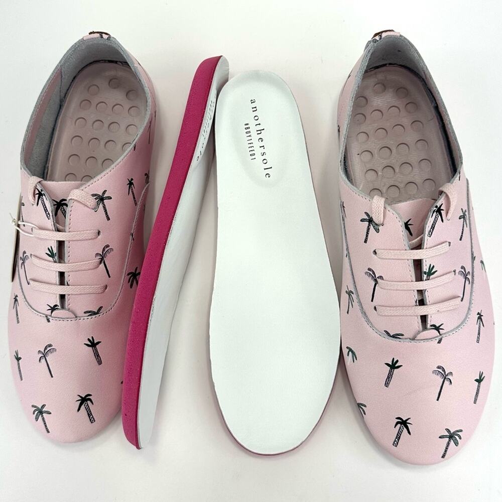 Anothersole Women Flats/Sneakers Sz 8 Pink Leather Palm Tree Print Cushioned New - Picture 2 of 15